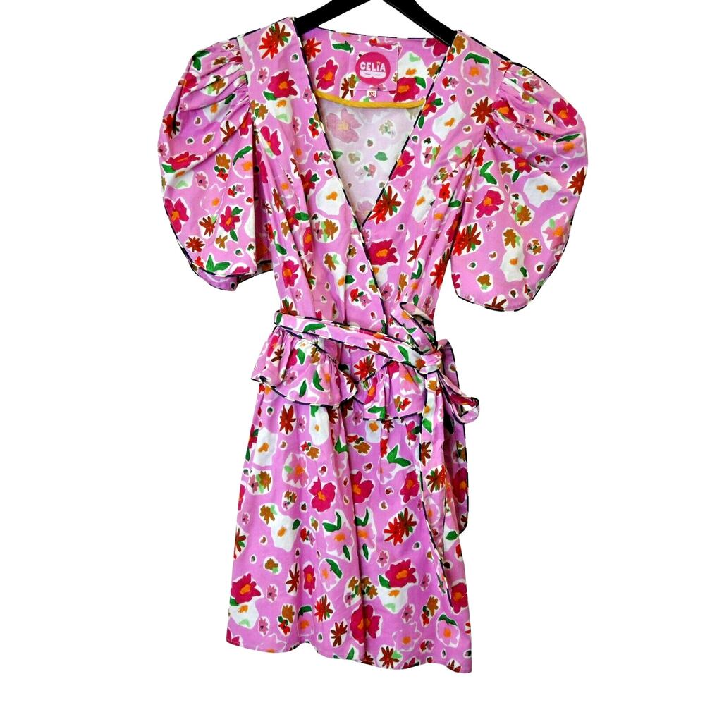 Celia B Amethyst Pink Floral Faux Wrap Belted Mini Dress Size XS
